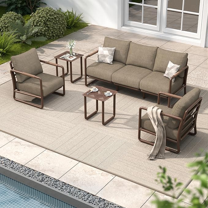 MBY Outdoor Aluminum Patio Furniture Set, 5-Seats Patio Conversation Sofa Set with 2 Coffee Tables and 6.7" Thickened Cushions, All Weather for Pool, Balcony, Garden-Brown