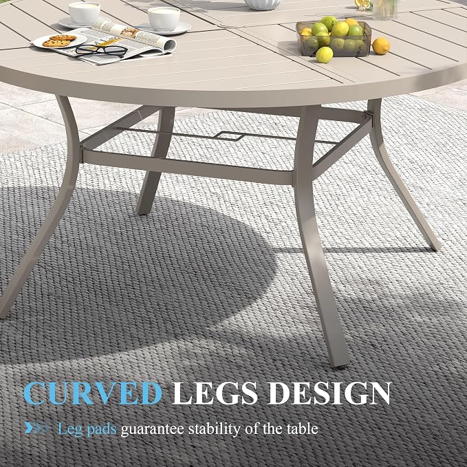 VICLLAX 63" Round Patio Table with Umbrella Hole, All Weather Metal Outdoor Dining Table for 8-10, Outside Table for Lawn Garden, Sandshell Color
