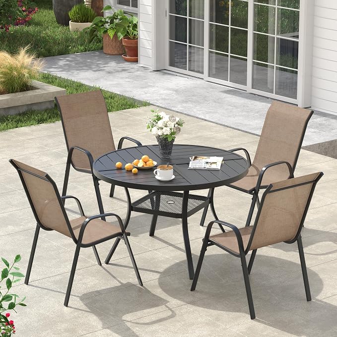 VICLLAX Round Outdoor Patio Dining Set for 4, Metal Slatted Patio Table with Umbrella Hole and 4 Stackable Patio Chairs for Deck Lawn Garden, Brown Fabric and Black Tabletop