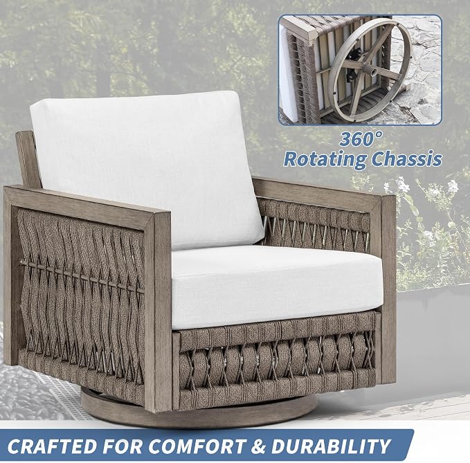 Patio Swivel Chair, Rope Weave Outdoor Chair with Widened Armrests & Thick Cushions, All-Weather Aluminum Deep Seating Chair, Never Rust Patio Chair for Garden, Porch, Deck, Gray Oak | Aluminum Frame