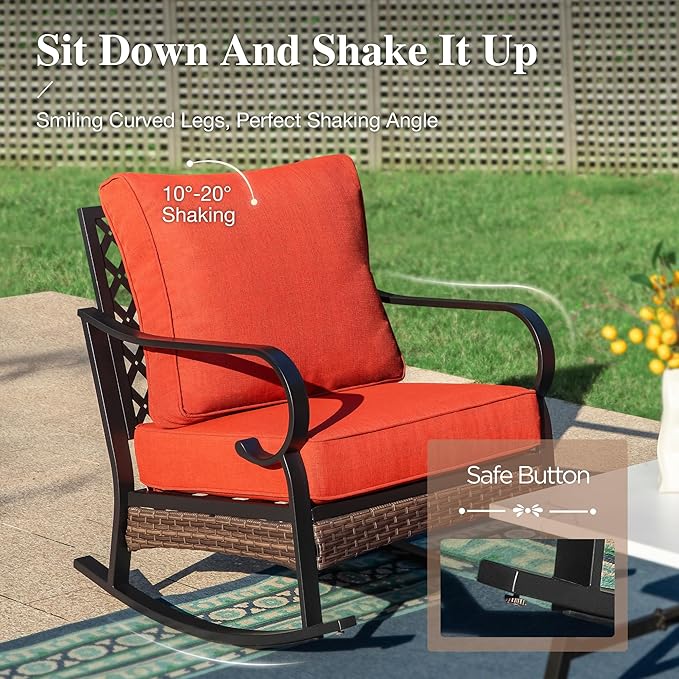 HERA'S HOUSE 5 Piece Metal Patio Furniture Set, 7 Seats All Weather Outdoor Conversation Set, 3 Seat Sofa with Loveseat, 2 Rocking Chairs, Coffee Table for Backyard, Garden, Deck, Red