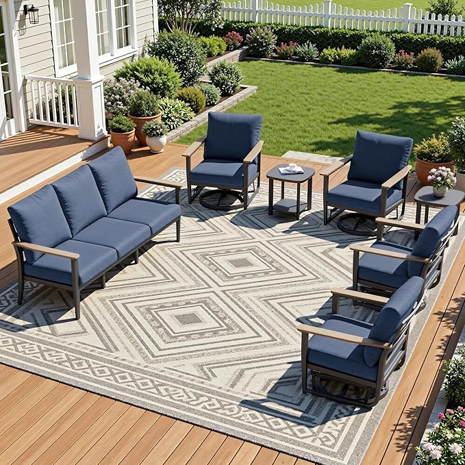 7-Seat Outdoor Patio Furniture Set with Rocking Swivel Chair, Aluminum Sectional Sofa Set with Ottomans, Patio Conversation Set with High Backrest & Thickened Cushions, Navy Blue