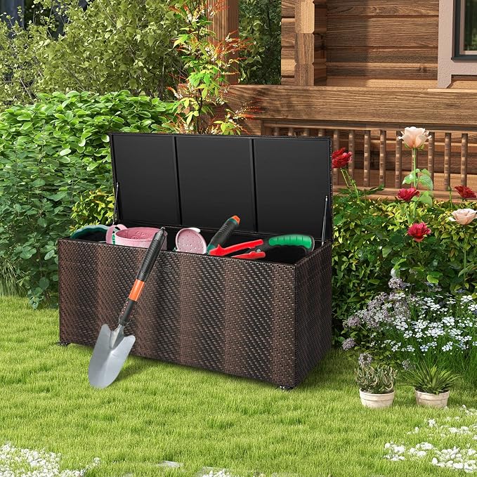 HAPPYGRILL Outdoor Rattan Deck Box, 96 Gallon PE Wicker Patio Storage Box with 4 Wheels and Liner, 2-in-1 Multifunctional Storage Box for Patio Furniture Cushions Garden Tools Pool Accessories