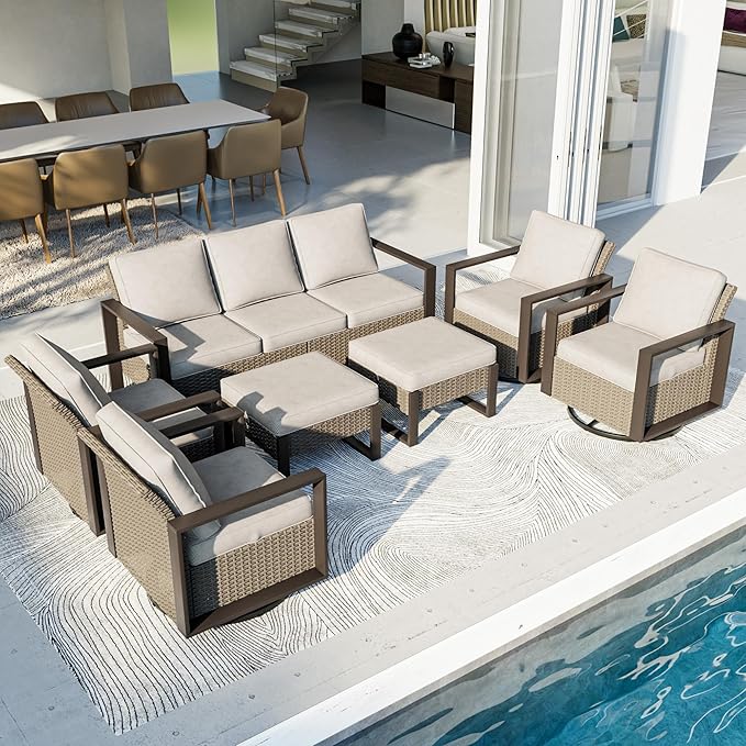 Outdoor Patio Furniture Set, 7 Piece Wicker Patio Conversation with Deep Seating, Thicken Cushions, Outdoor Swivel Rocker Patio Chairs, Metal Outdoor Furniture for Deck, Porch, Yard Use