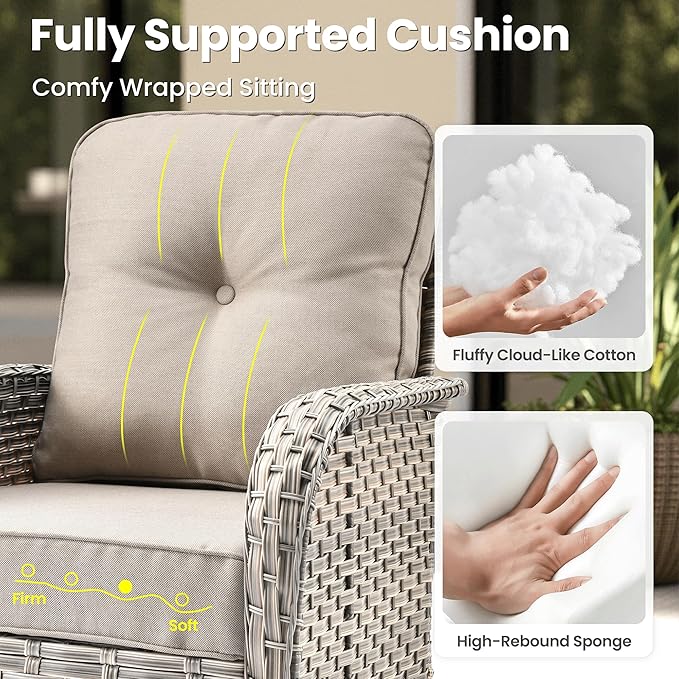 ovios 9-Piece Patio Furniture Set with L-Shape Sofa Chaise, Outdoor Sectional Couch Swivel Gliders Fire Pit Table Solar Table, Modern Modular Wicker Rattan Conversation Set, Beige