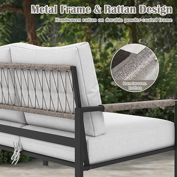 2 Pieces Rattan Outdoor Furniture Set, All-Weather Patio Loveseat with Warm Grey Cushions and Coffee Table for Garden, Backyard, Balcony, Poolside