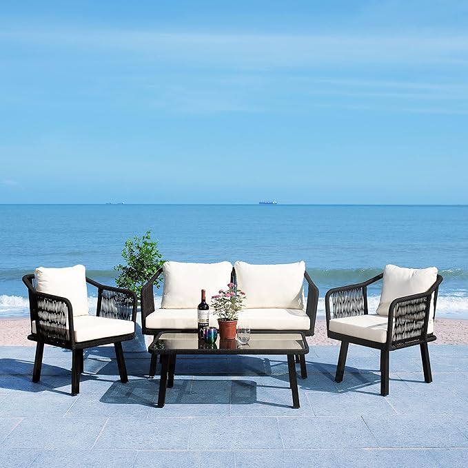 Safavieh Outdoor Collection Torsla Wicker Cushion 4-Piece Rope Patio Backyard Living Set PAT7520B, Black/Beige