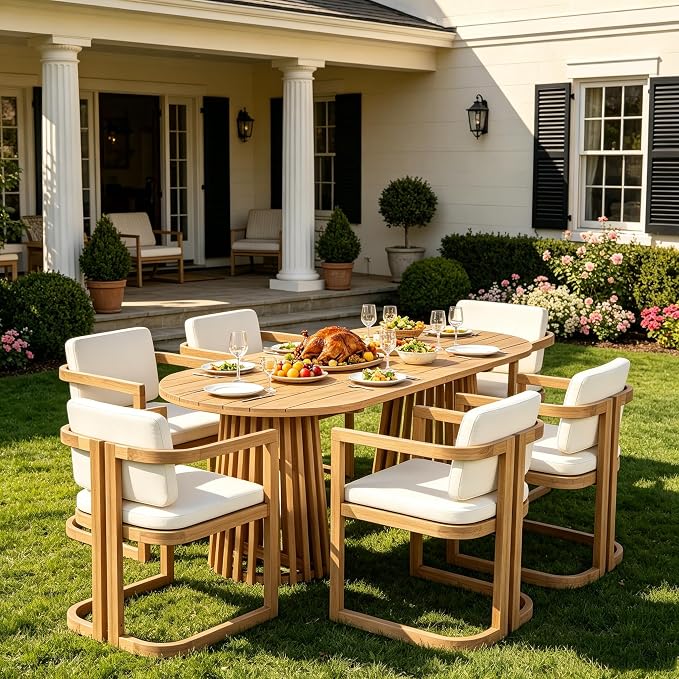 Christopher Knight Home Evana Acacia Wood Dining Table Set for 6, Solid Wood Outdoor Dining Set for 6, Modern Oval Patio Dining Table and Chair Set with Cushions, Brown + Light Teak + Beige