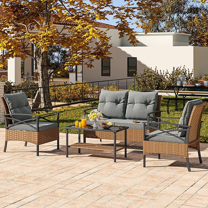 YITAHOME 4 Pieces Patio Furniture Set Outdoor Wicker Patio Conversation Set with Metal Table and Soft Cushions All-Weather Rattan Bistro Set with Loveseat (Light Brown + Gray)