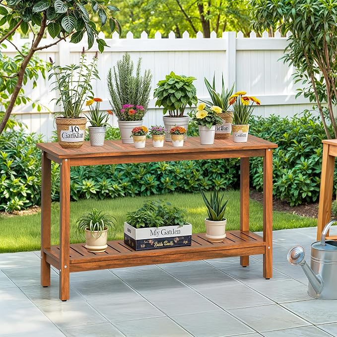 Wooden Console Table, 48in 2-Shelf Solid Wood Patio Side Table, Indoor Outdoor Buffet Bar Organizer with Foot Sliders (Natural)