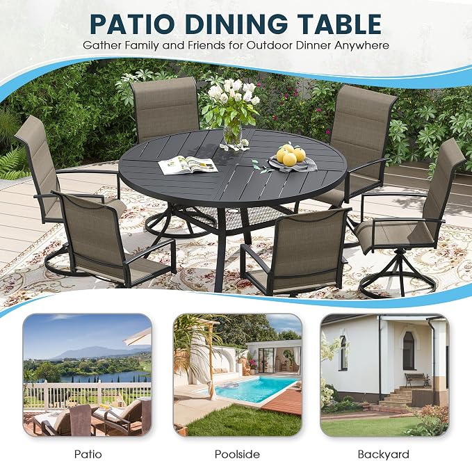 Patio Dining Table for 4-6, Round Metal Outdoor Table with Storage Shelf, 1.57" Umbrella Hole, 47" Outdoor Quartered Tabletop Dining Table for Backyard, Porch, Lawn, Black