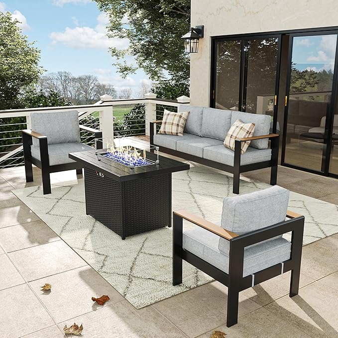 4 Pieces Aluminum Outdoor Patio Furniture Set with Fire Pit Table, Outside Metal Patio Conversation Sets with Deep Seating and Thick Cushions