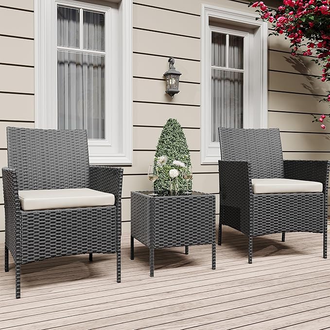3 Piece Patio Furniture Set with 2 Chairs & 1 Coffee Table - Outdoor PE Rattan Conversation Set, Cushions & Glass Tabletop for Garden, Poolside, Porch, Black