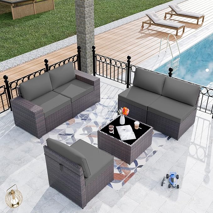 Patio Furniture Set Sofa 6-Pieces Wicker Sectional Sofa Set, Outdoor Furniture Rattan Patio Conversation Set with Thickened Cushion and Glass Coffee Table, Grey