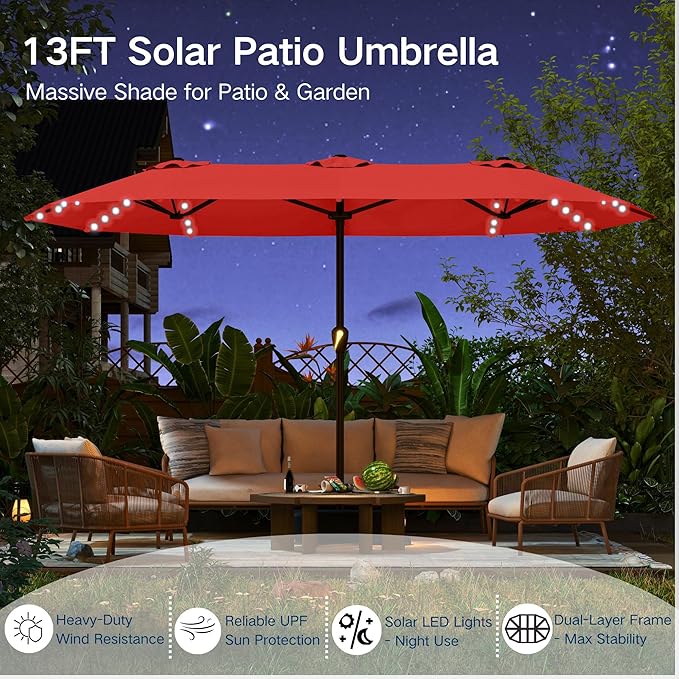 Large Patio Umbrella with Solar Lights and Base, Double-Sided Outdoor Rectangle Umbrella with 48 LED Lights, Market Table Umbrellas with UV Resistant Canopy
