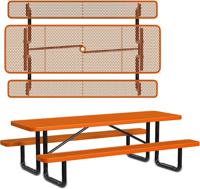 Leisure Craft Metal Picnic Table with Bench - 8 ft Rectangle Outdoor Dining Table for 8, Umbrella Hole, Weatherproof Heavy Duty Thermoplastic Coating, Commercial Grade Furniture Made in USA - Orange
