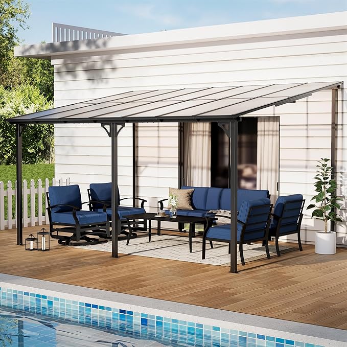 10' x 14' Lean to Gazeb,Hardtop Galvanized Steel Pergola with Sloped Polycarbonate Roof,Wall Mounted Gazebo Patio Canopy with Ground Anchor for Backyard Deck