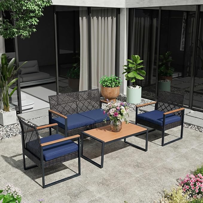 4-Piece Outdoor Patio Furniture Set, Wicker Sofa and Chairs with Cushions, PE Rattan All-Weather Conversation Set with Coffee Table for Backyard, Patio, Poolside, Garden, Lawn, Deck, Black