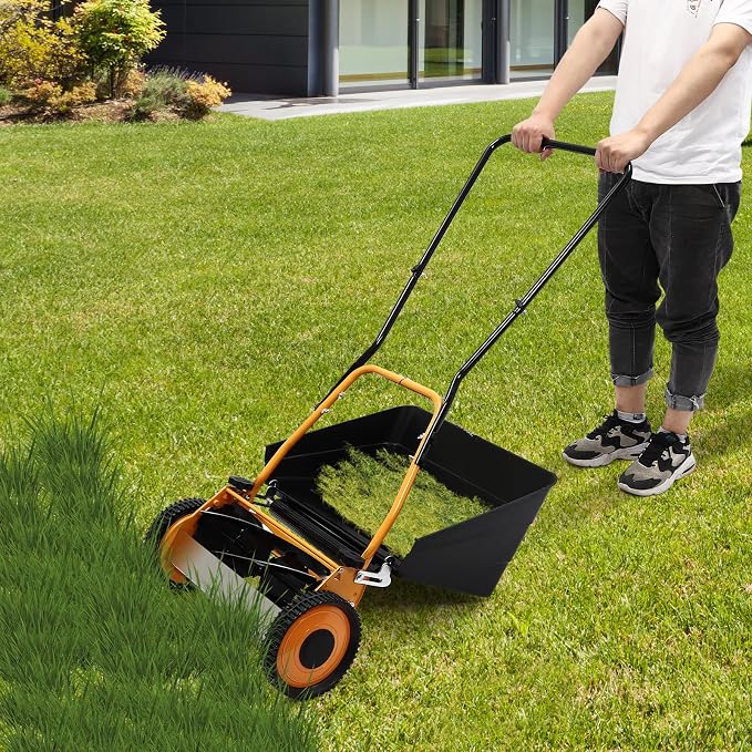 16 inch Push Reel Lawn Mower with Grass Catcher, Manual 5-Blade Hand Mower, 0.47"-1.65" Adjustable Cutting Height, Lightweight & Eco-Friendly, Black&Orange