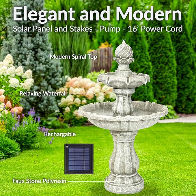 Sunnydaze 35" Solar 2-Tier Outdoor Water Fountain - Garden Water Feature with Battery Backup and Pump - White