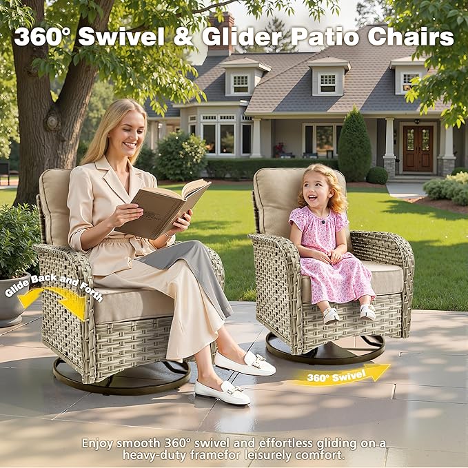 Outdoor Patio Furniture Set, 5-Piece PE Wicker Sofa with Shiny Table and Swivel Chairs, Outdoor Conversation Set for Patio, Garden, Backyard Beige