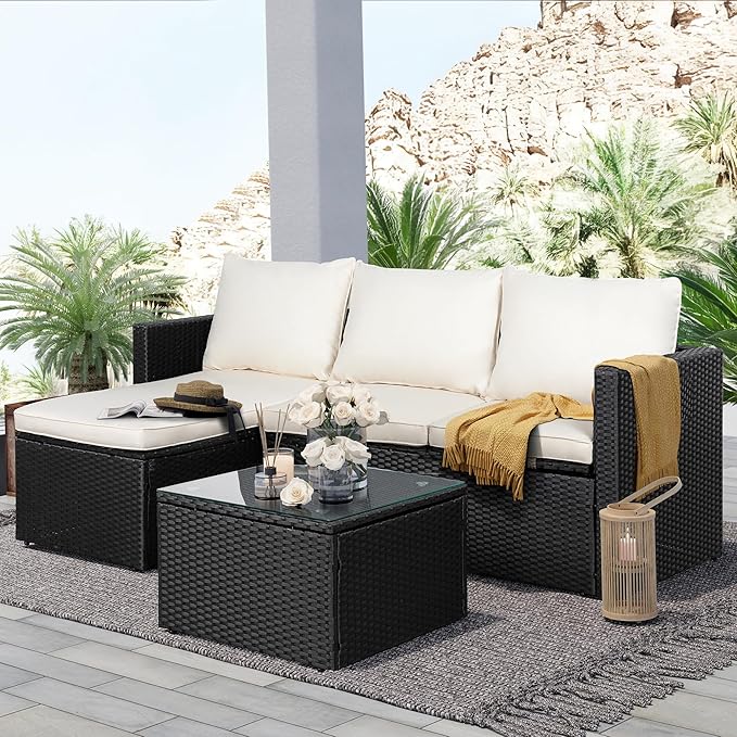 SUNLEI 3-Piece Patio Sectional Sofa, Patio Furniture Set with Detachable Soft Cushions, Outdoor PE Rattan Patio Conversation Sofa Set with Glass Coffee Table & Ottoman, Black Rattan/White