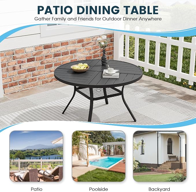 Patio Dining Table for 4, Round Metal Outdoor Table with Storage Shelf, 1.57" Umbrella Hole, 41" Outdoor Quartered Tabletop Dining Table for Backyard, Porch, Lawn, Black
