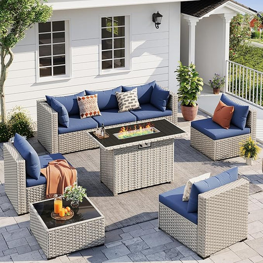 UDPATIO Patio Furniture Set with Fire Pit Table, 8 Pcs Outdoor Sectional Sofa, PE Wicker Patio Conversation Set for Garden, Backyard (Blue Cushions with Light Grey Rattan)
