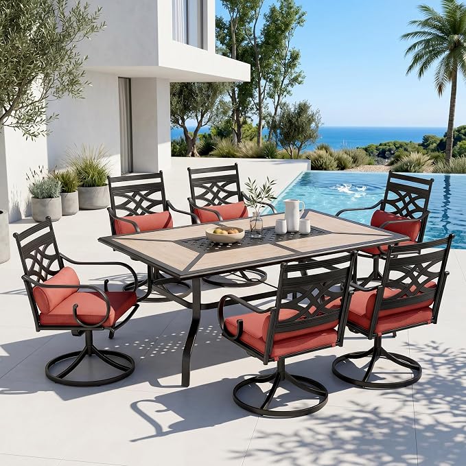 PHI VILLA 7 Pieces Outdoor Dining Set for 6, 61" Rectangle Metal Table with Umbrella Hole & Wrought Iron Swivel Chairs, Patio Furniture with Red Cushions & Pillows for Deck, Porch, Backyard