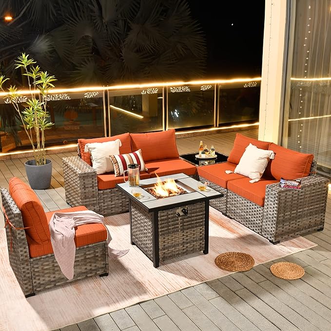 HOOOWOOO Outdoor Patio Sectional Furniture Sofa Set with Propane Gas Fire Pit Table,7 Piece Small Modern Wicker Couch with Widened Armrest,Modular Conversation Seating Set for Out Door(Orange Red)