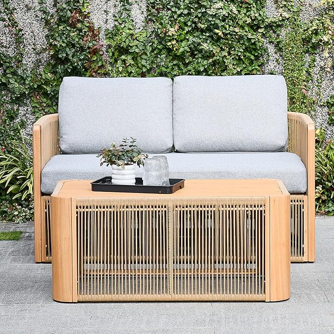 2-Seater Rope Sofa Set with Table, Outdoor Loveseat Patio Rope Chairs Set of 2, Rope Patio Furniture Set, Outdoor Deck Chair with Cushions, Aluminum Outdoor Sofa Sets in All Weather, Grey