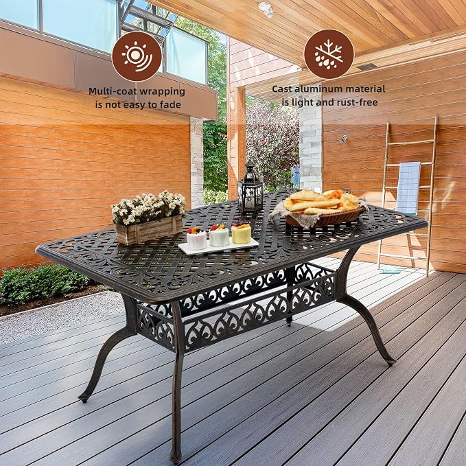 7-Piece Cast Aluminum Outdoor Dining Set, Antique Bronze Patio Furniture for 6 Includes 60" Rectangular Dining Table, 4 Stackable Chairs & 2 Swivel Chairs with Cushions & Umbrella Hole