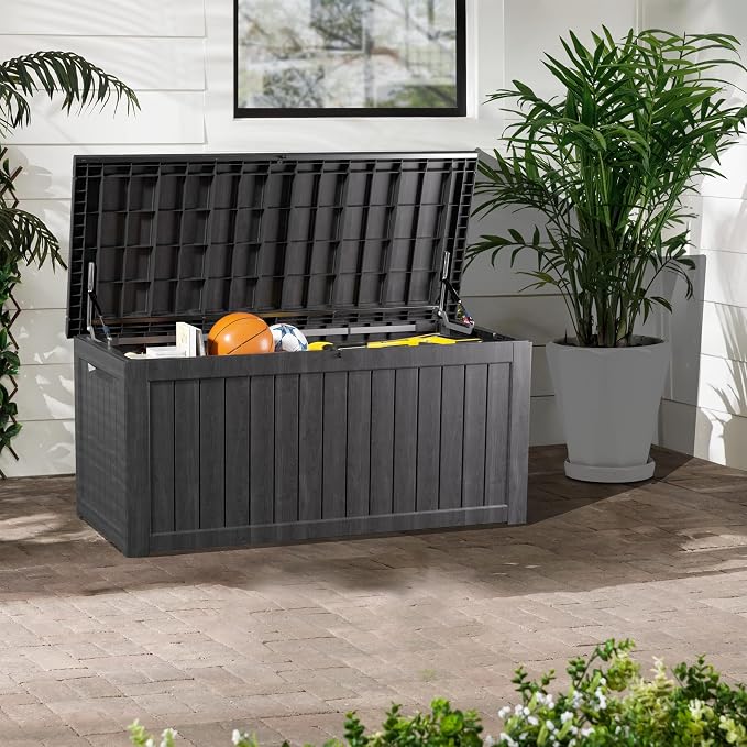 230 Gallon Outdoor Storage Box, Waterproof Resin Deck Container with Lockable Lid, Patio Organizer for Cushions & Garden Tools, Black