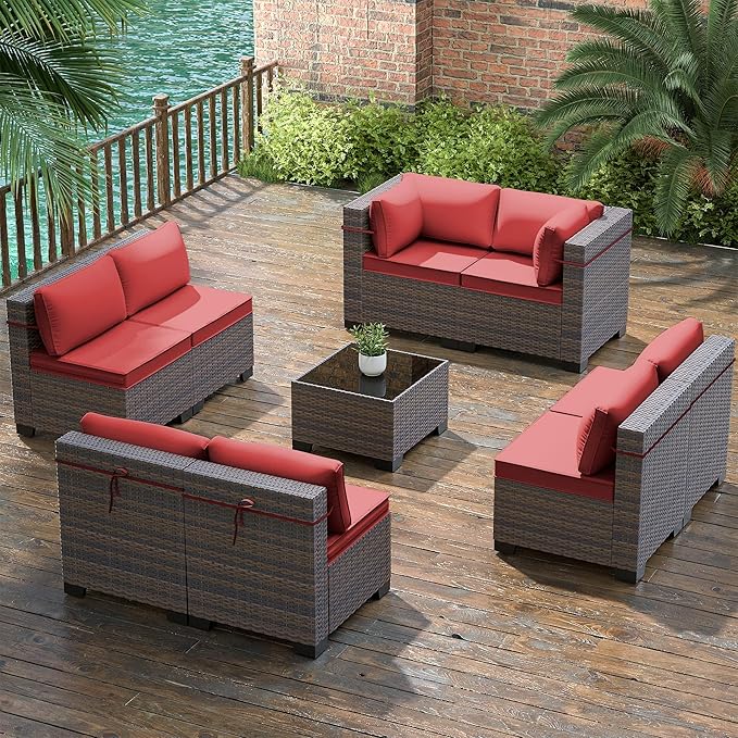 Gotland 9 Pieces Patio Furniture Set with 29.5'' High Backrest, All Weather PE Wicker Outdoor Furniture with 4’’ Thickened Cushions Coffee Table, Patio Set for Deck, Garden, Backyard, Red