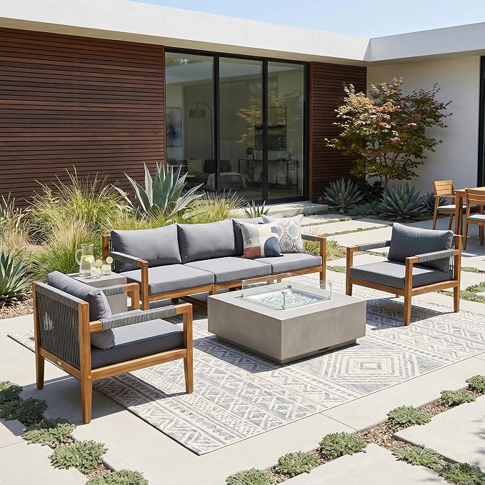 3 Pieces Outdoor Sectional Sofa Set, All Weather Rope Woven Patio Conversation Set with Solid Acacia Wood Frame, Water-Resistant Removable Cushions for Backyard Deck Poolside (Grey-4.19)
