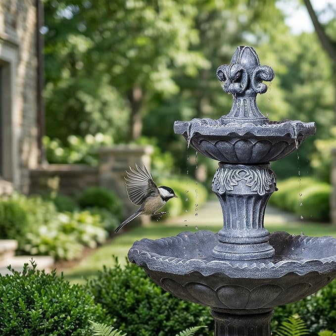 50-Inch Outdoor Water Fountain, 2-Tier Large Italian Cascading Resin Waterfall Fountain, Classic European Pedestal, Floor-Standing Water Feature for Garden, Patio, Backyard, Deck, Lawn in Gray