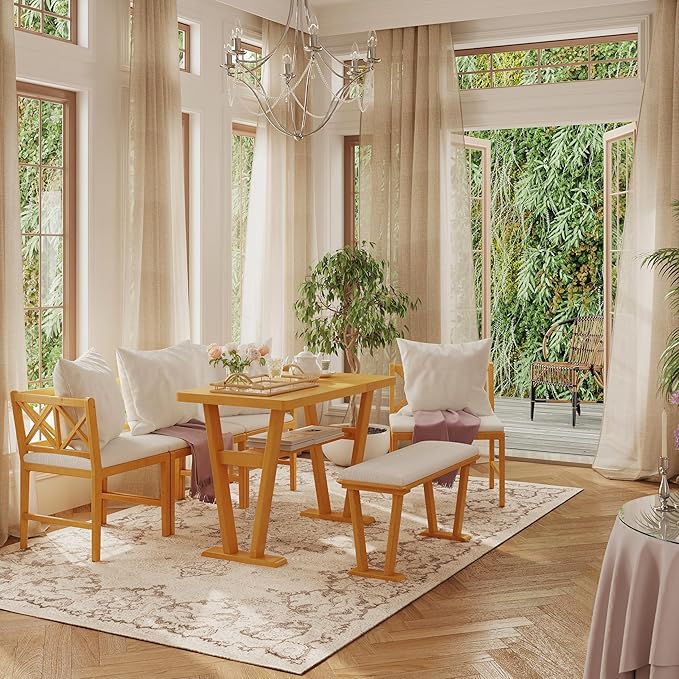 5 Pieces Wood Patio Furniture Set, Wood Outdoor Conversation Set with Bench, Loveseat, 2 Armchairs & Table, Natural+White