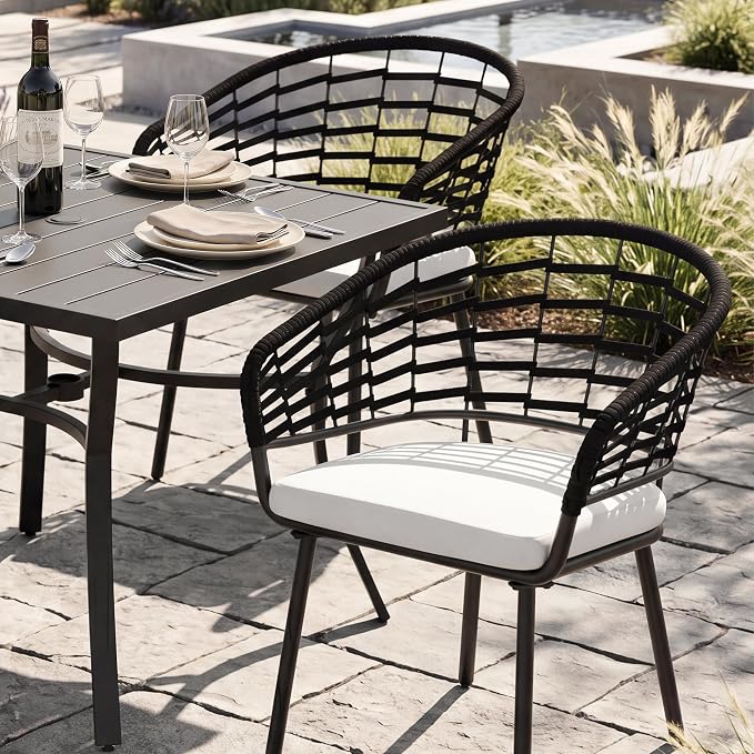 NUU GARDEN 5-Piece Patio Dining Set, 4 Woven Rope Chairs with Beige Cushions, Square Table with Slatted Tabletop and Umbrella Hole, Patio Table and Chair Set for Garden and Poolside, Black