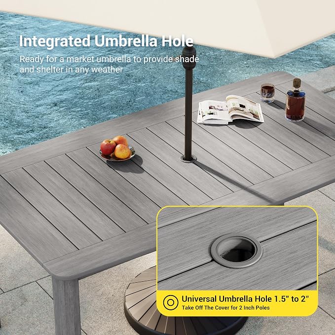 5-Piece HDPE Outdoor Dining Set for 4, Outdoor Table and Chairs | Weather Resistant Patio Table and Textilene Chairs set, Square Table with Umbrella Hole for Garden, Backyard and Lawn, Grey