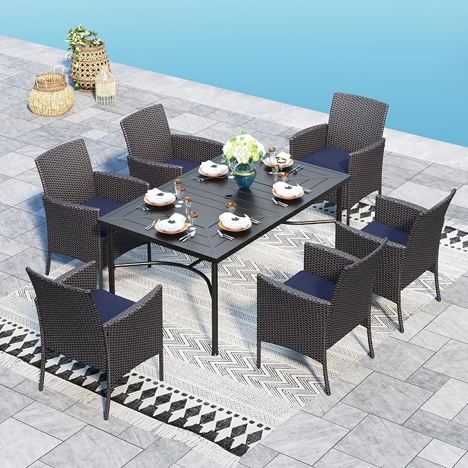 Sophia & William 7-Piece Patio Dining Set, Metal Table, PE Wicker Chairs | All Weather Patio Table and Chairs Set for 6, Perfect for backyard, deck, porch