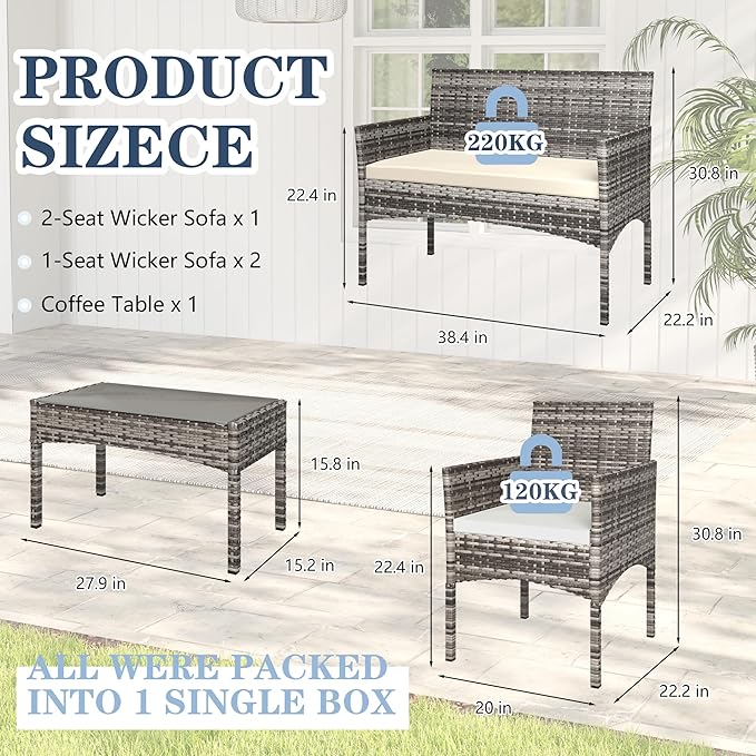4 Pieces Patio Furniture Set, Outdoor Wicker Rattan Patio Conversation Furniture Set with Waterproof Cushion and Table for Lawn Poolside Backyard Garden Balcony Porch