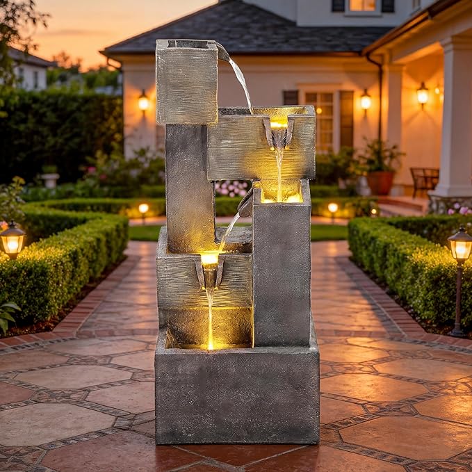 32.5" Modern Outdoor Water Fountain with LED Lights, 5-Tier Stacked Blocks Garden Fountain Cascading Waterfall Feature for Relaxing Garden, Patio, Backyard, Deck, Porch or Home Décor