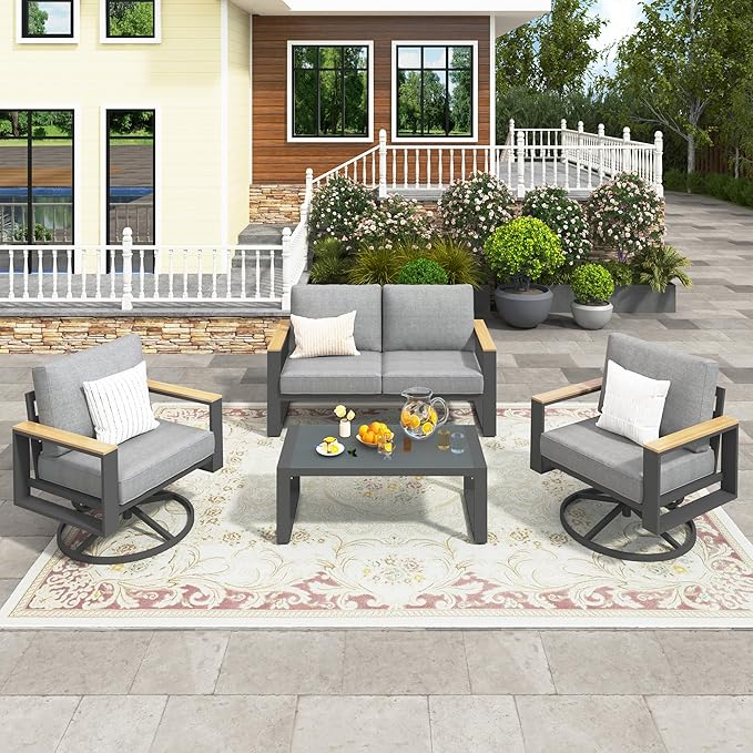 Wisteria Lane 4-Person Aluminum Patio Furniture Set with Swivel Chair, Metal Outdoor Furniture with Glass Coffee Table, Modern Patio Conversation Set for Pool Garden Porch Backyard, Grey