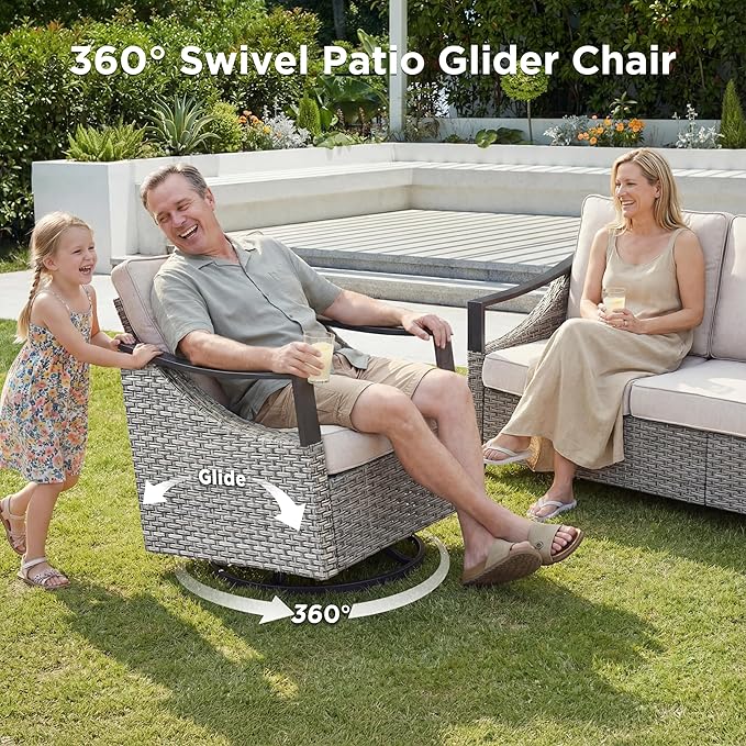 3 Pieces Wicker Patio Furniture Set-High Back Swivel Patio Chairs Set of 2 with Rattan Side Table, PE Wicker Outdoor Patio Furniture Sets with Covered Cushions for Porch Deck Garden Grey/Beige