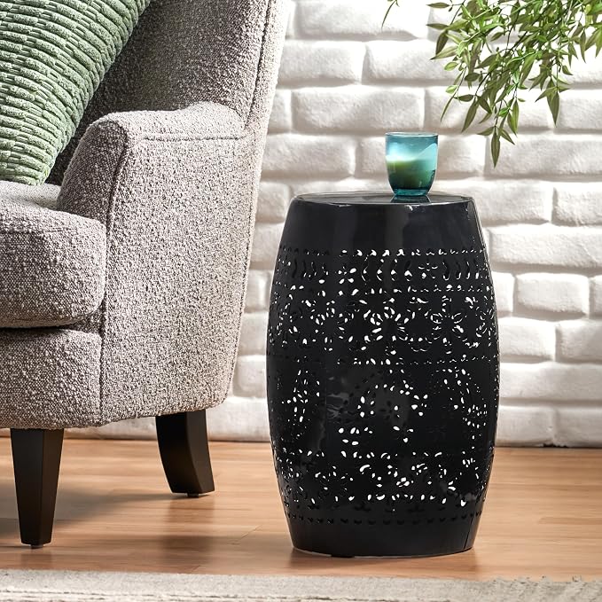 12" Outdoor Side Table, Metal Cutout Drum Side Table, Patio Garden Stool | Coffee End Tables for Small Spaces, Living Room, Backyard, Poolside