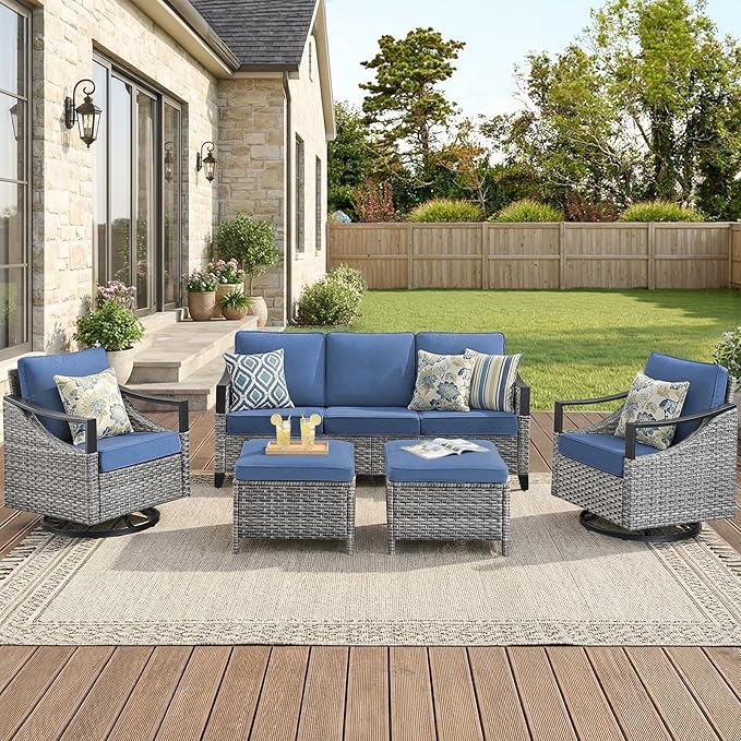 Outdoor Patio Furniture Set-5 Pieces All-Weather Wicker Outdoor Furniture with High Back Wicker Swivel Patio Chairs Outdoor Patio Conversation Sets for Garden Porch Deck Grey/Blue