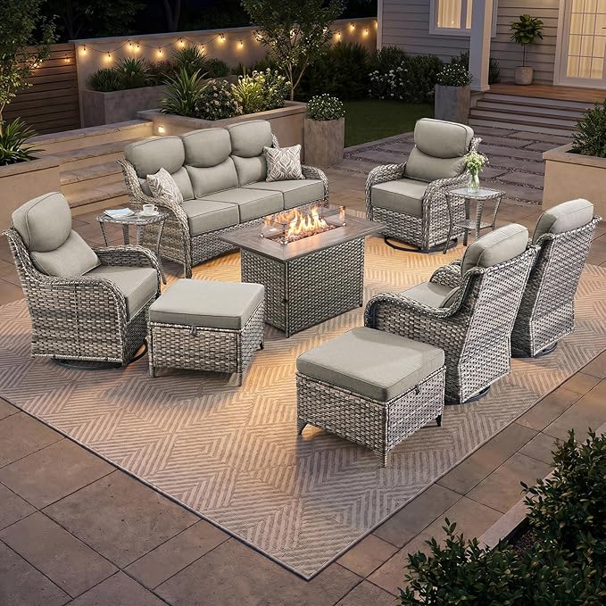 Luxury Patio Furniture Set 10pcs with 6-inch Thick Cushion, Outdoor Furniture with Fire Pit Table, Swivel Chairs, Sofa, Side Table, Ottomans, Patio Set for Deck Yard Grey Wicker | Grey Cushions