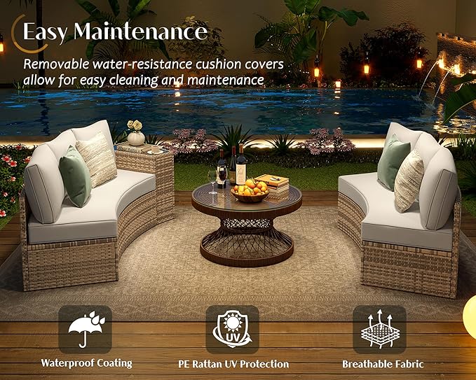 PaPaJet Patio Conversation Set, 6 Piece Half-Moon Sectional Patio Furniture Set, Round Outdoor Conversation Set, Wicker Sofa Set, for Backyard Patio Garden, Beige