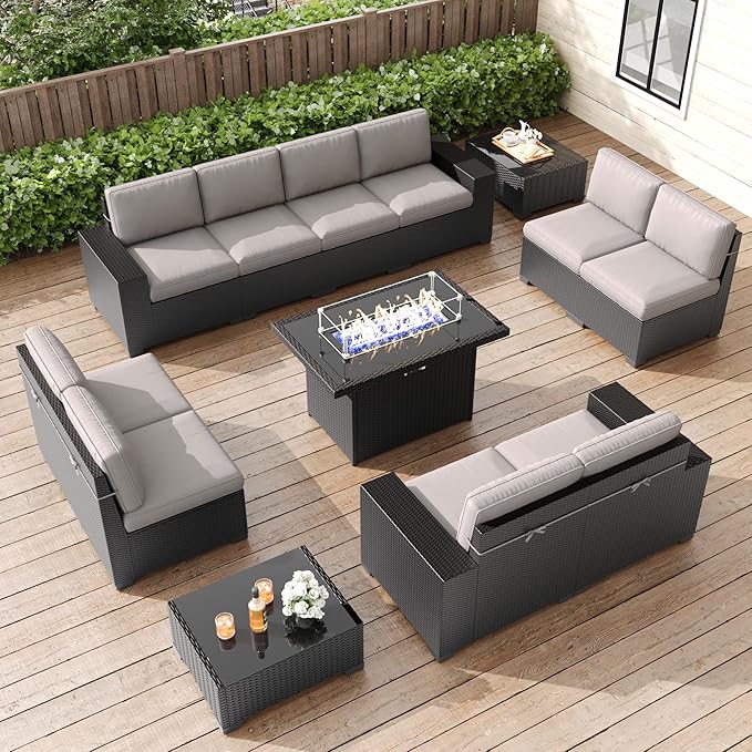 LayinSun 13 Pieces Patio Furniture Set with Fire Pit Table, Black Rattan Modular Sectional Patio Conversation Sofa Set