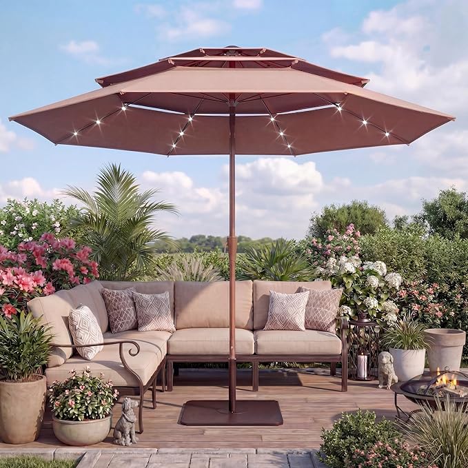 EO Living 10ft Patio Umbrella with Solar LED Lights,3-Tier Wind Resistant Outdoor Market Umbrella with Flexible 8 Ribs & Push Button Tilt, Solar Powered Umbrella for Deck, Poolside, Garden, Beige